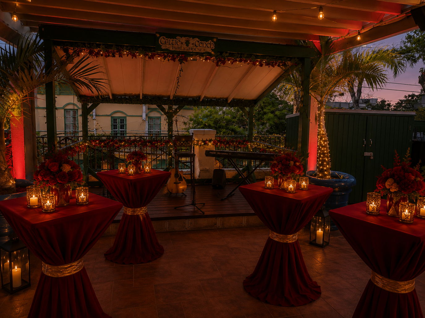 Scarlett Soirée music area with stage setup, floral arrangements, and candlelit cocktail tables