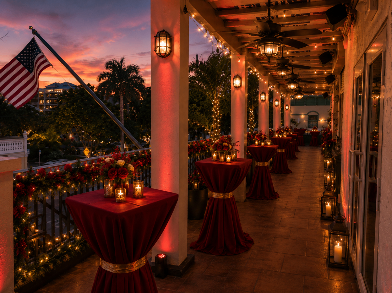 Scarlett Soirée balcony lined with glowing lanterns, string lights, and scarlet cocktail tables at sunset